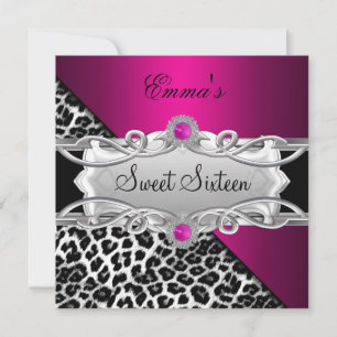 Convite Festa Sweet 16 Prata Rosa Preto Branco Leopardo