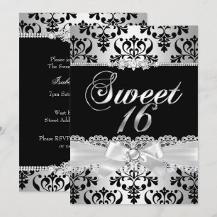 Convite Festa Sweet 16 Preto Prata Damask Pérola Arco