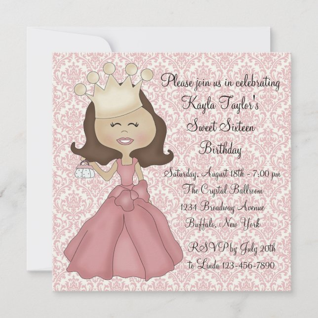 Convite Festa Sweet 16 Princesa Damask Rosa (Frente)