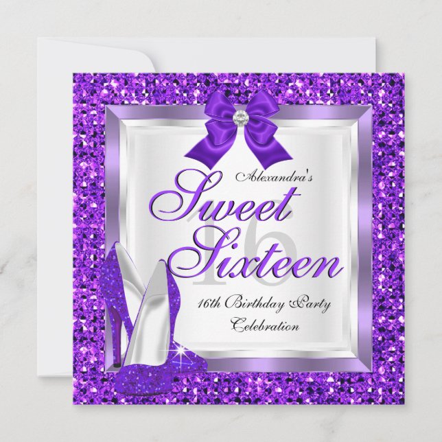 Convite Festa Sweet 16 Purple Brilho Prata (Frente)