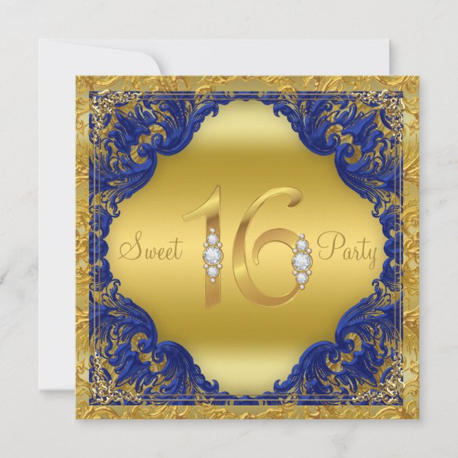 Convite Festa Sweet 16 Redemoinho Azul Real Dourado (Frente)