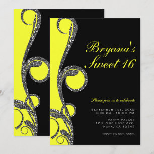 Convite Festa Sweet 16 Redemoinho Brilho Preto e Amarelo N