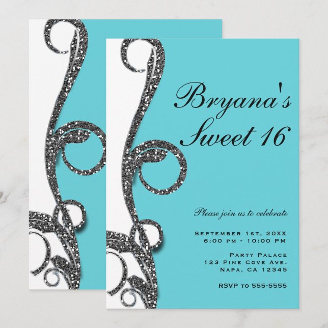 Convite Festa Sweet 16 Rodopio de Brilho Prata Branco Turq (Frente/Verso)