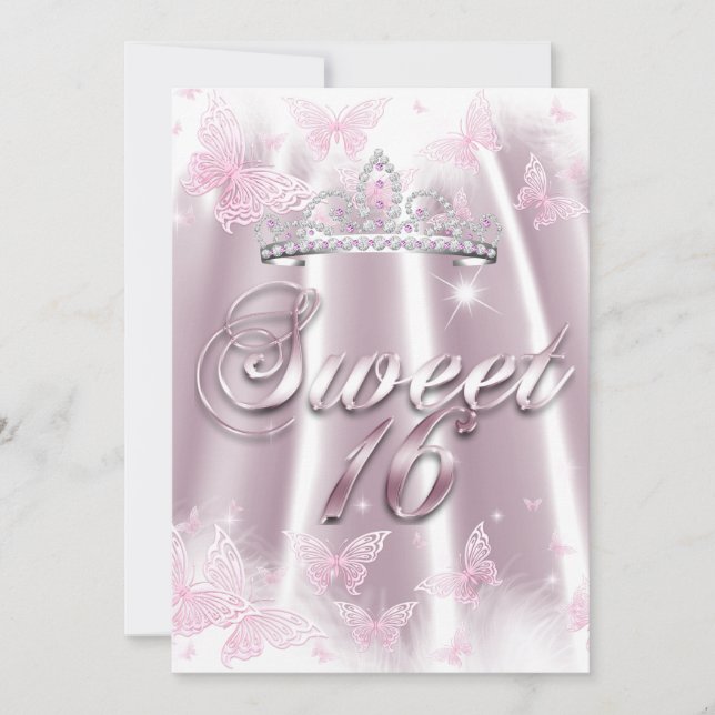 Convite Festa Sweet 16 Rosa Branco Tiara Borboleta Seda (Frente)