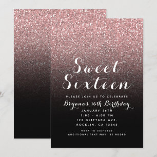 Convite Festa Sweet 16 Rosa Dourado com Glitter e Preto