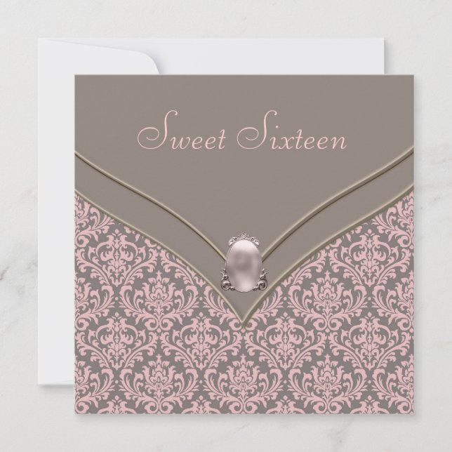 Convite Festa Sweet 16 Rosa Marrom Damask (Frente)