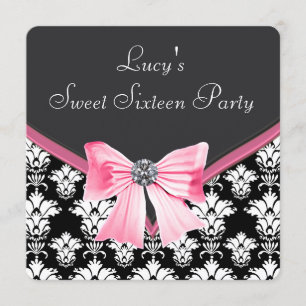 Convite Festa Sweet 16 Rosa Preto Damasco