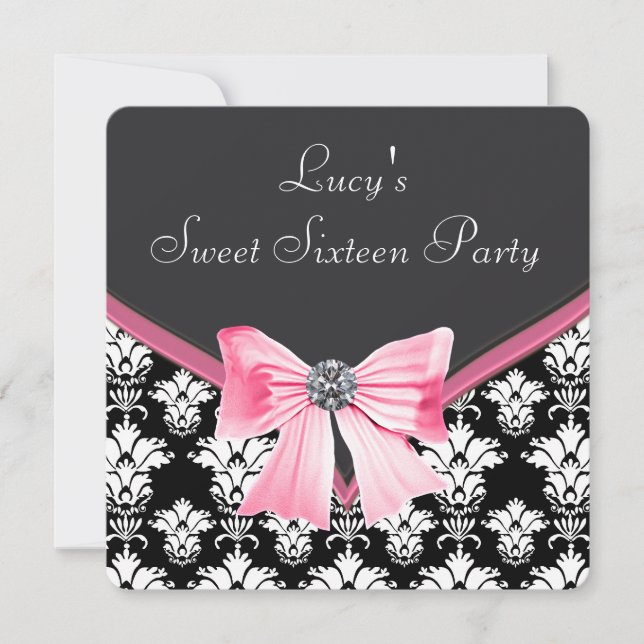 Convite Festa Sweet 16 Rosa Preto Damasko (Frente)