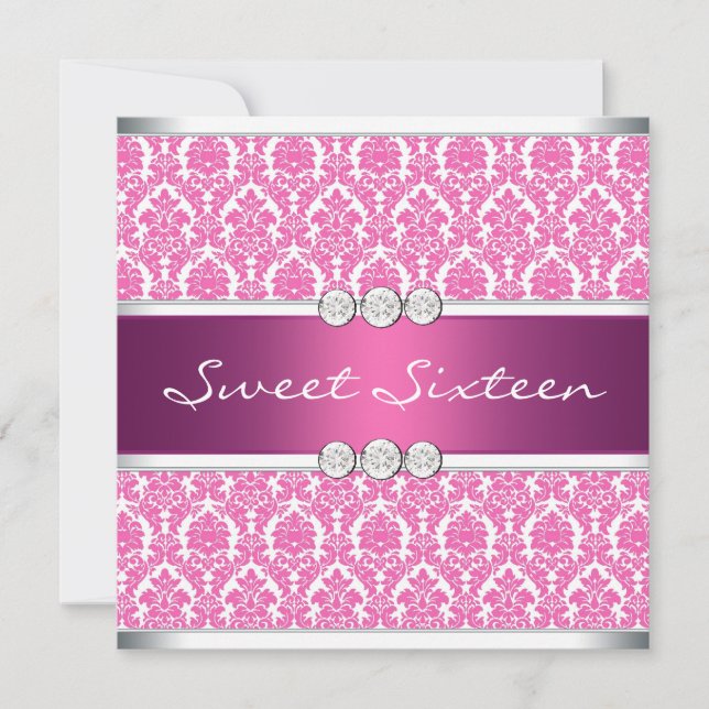 Convite Festa Sweet 16 Rosa Quente Damask (Frente)
