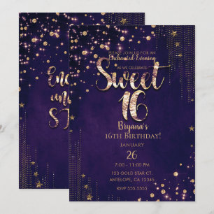 Convite Festa Sweet 16 Roxo e Dourado Estrelas Caprichosas