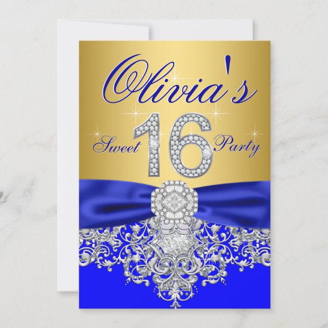 Convite Festa Sweet 16 Royal Blue e Diamante Dourado (Frente)