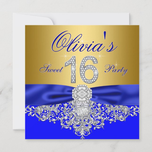 Convite Festa Sweet 16 Royal Blue e Diamante Dourado (Frente)