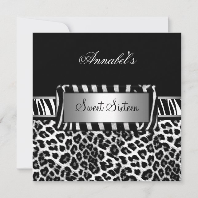Convite Festa Sweet 16 Zebra Preto Branco Leopardo (Frente)