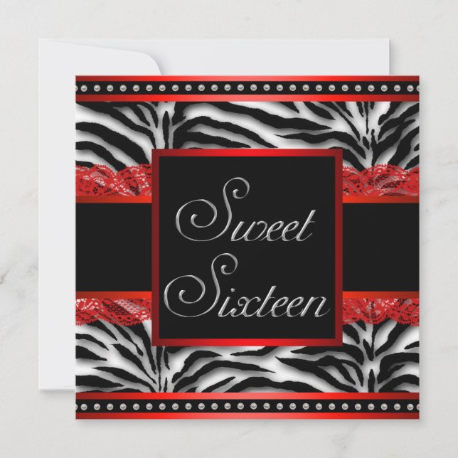 Convite Festa Sweet 16 Zebra Preto Branco Vermelho (Frente)