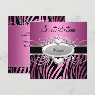 Convite Festa Sweet Sixteen 16 Prata Rosa Preto Zebra
