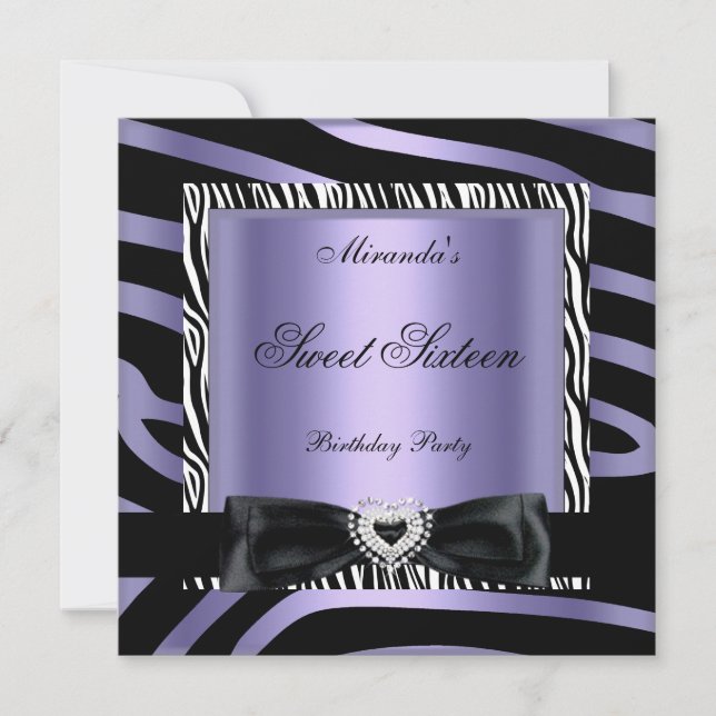 Convite Festa Sweet Sixteen 16 Roxo Branco Zebra Preto (Frente)