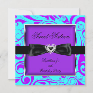 Convite Festa Sweet Sixteen 16 Roxo Turquesa Swirl