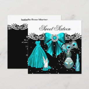 Convite Festa Sweet Sixteen Azul Teal Mascarada