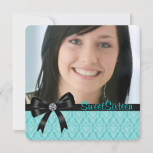 Convite Festa Sweet Sixteen Azul Turquesa Preto Damask