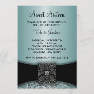 Convite Festa Sweet Sixteen Azul Turquesa Preto Damasko