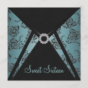 Convite Festa Sweet Sixteen Azul Verde Preto Damask