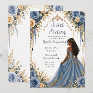 Convite Festa Sweet Sixteen Floral Azul Empoeirado Dourado