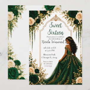 Convite Festa Sweet Sixteen Floral Dourada Verde Esmeralda