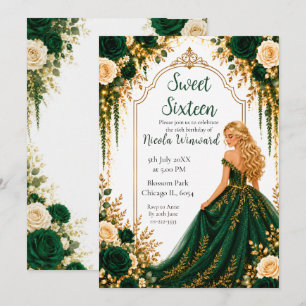 Convite Festa Sweet Sixteen Floral Dourada Verde Esmeralda