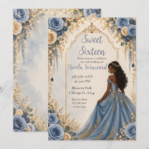 Convite Festa Sweet Sixteen Floral Dourado Azul Empoeirado