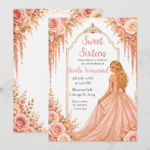 Convite Festa Sweet Sixteen Floral Rosa Bege Dourado