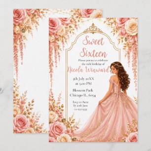 Convite Festa Sweet Sixteen Floral Rosa Bege Dourado