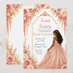 Convite Festa Sweet Sixteen Floral Rosa Bege Dourado