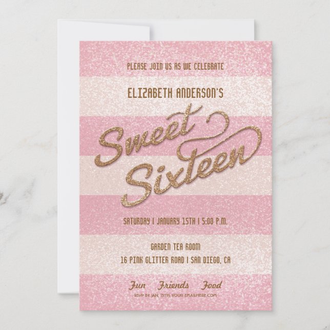 Convite Festa Sweet Sixteen Listras Cor-de-Rosa Glamour (Frente)