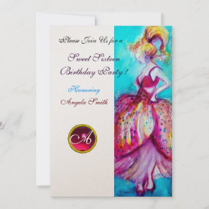 Convite FESTA SWEET SIXTEEN, Monograma dourado Rosa Vermel