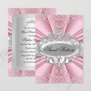 Convite Festa Sweet Sixteen Pink Tiara Damask
