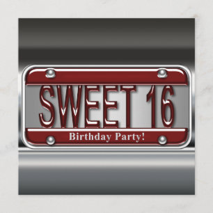 Convite Festa Sweet Sixteen Placa de Licença Vermelha
