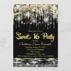Convite Festa Sweet Sixteen Preto e Dourado Brilho Glamour