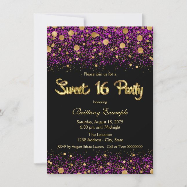 Convite Festa Sweet Sixteen Roxa e Dourada (Frente)