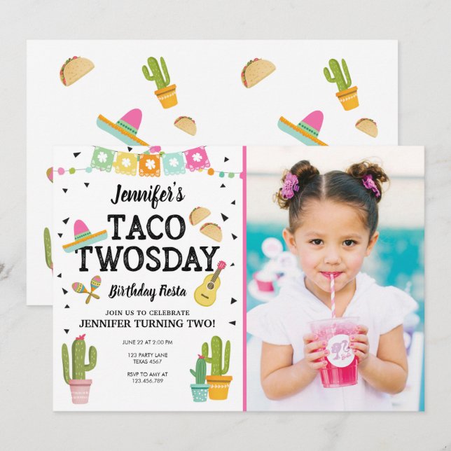 Convite Festa Taco Twosday - segundo aniversário de Garota (Frente/Verso)
