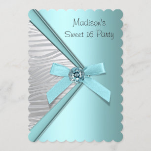 Convite Festa Teal Azul Prata Zebra Sweet 16