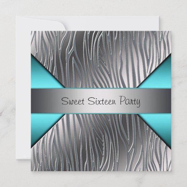 Convite Festa Teal Azul Prata Zebra Sweet 16 (Frente)