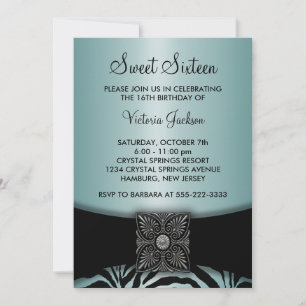 Convite Festa Teal Azul Preto Zebra Sweet Sixteen