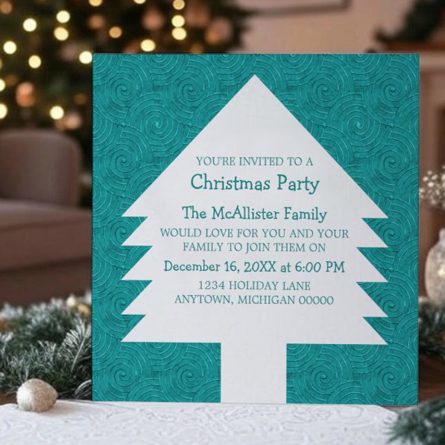 Convite Festa Teal de Árvores de Natal Convidam (Teal Christmas Tree Swirls Party Invitation)