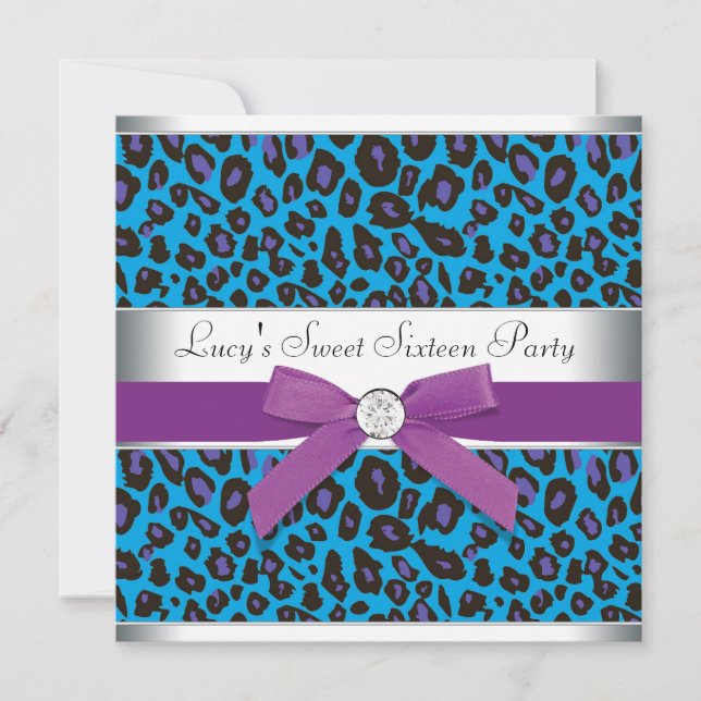 Convite Festa Teal Roxo Leopardo Sweet 16 (Frente)