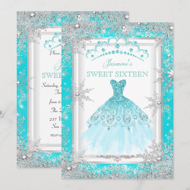 Convite Festa Teal Silver Winter Wonderland Sweet 16 (Frente/Verso)