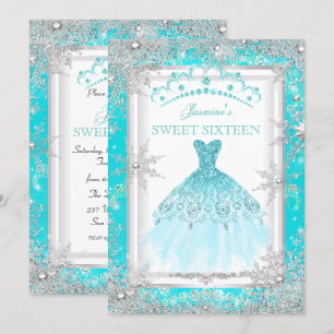 Convite Festa Teal Silver Winter Wonderland Sweet 16