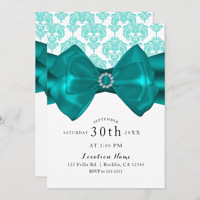 Convite Festa Teal & White Damask Laço Glam Chic Sweet 16 (Frente/Verso)