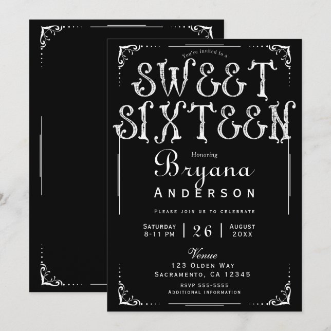 Convite Festa Temática Preto e Branco Antiga Doce 16 Anos (Frente/Verso)