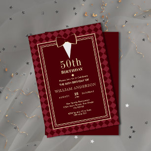 Convite Festa Temática Smoking Luxuoso em Veludo Burgundy 