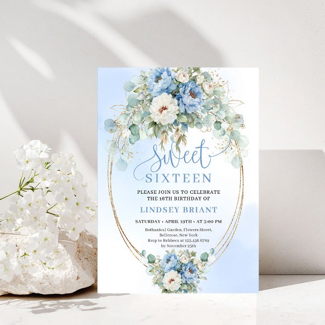 Convite Festa Trendy Dusty Blue Peonies Dourado Sweet Sixt (Trendy Dusty Blue Peonies Gold Sweet Sixteen Party Invite)